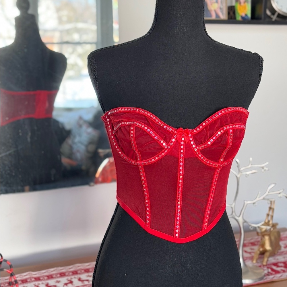 VALENTINES DAY PERFECTION Bone in Sequin Corset Underwire Structured Red SZ Med